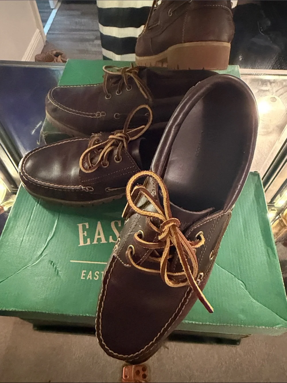 Eastland Men’s Dark Brown Leather Boat Shoes with Tan Laces